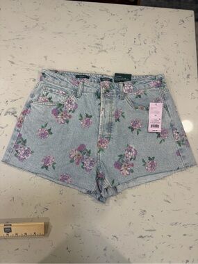 Floral Denim Cutoff Shorts Blue Sz 12 Frayed Hem Y2K Jean High Rise Button Fly
